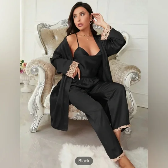 Red 3-piece Sets Silk Satin Cami Top & Pants With Robe Pajama Set - Picture 6 of 8